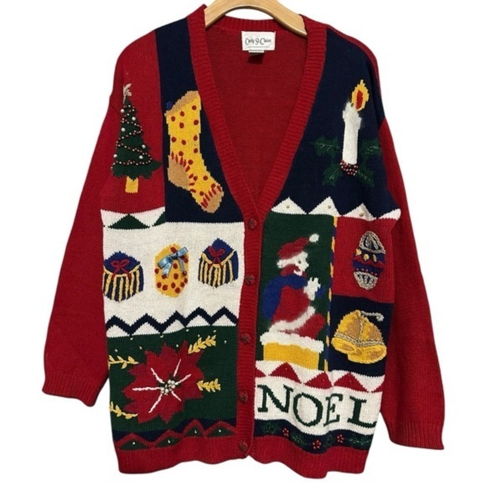 Carly St. Claire Vintage Women’s Size M Red Noel Christmas Sweater Cardigan